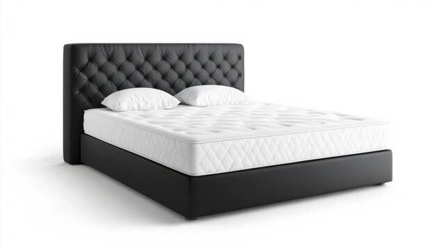 Luxury Black Upholstered Bed with Box Spring and White Mattress on Isolated White Background. Generative AI