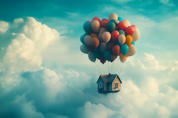 Whimsical house tethered to multicolored balloons ascending through clouds