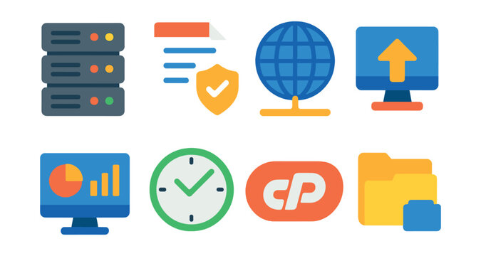 Flat vector icons of web hosting: server rack, hosting plan, domain connected, FTP upload, hosting dashboard, uptime monitor, cPanel icon, file manager.