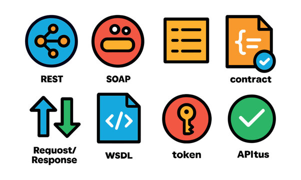Flat vector icons of web services: REST icon, SOAP symbol, endpoint list, service contract, request/response arrows, WSDL file, authentication token, API status.