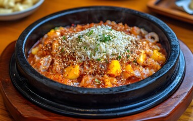 Spicy Seafood Stir-fry with Mango and Sesame Seeds in Stone Bowl