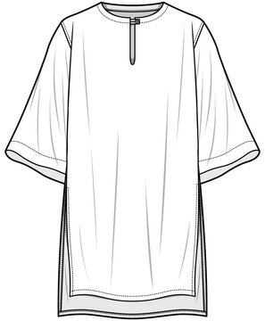 Front Keyhole Oversize Black Long T-Shirt Dress Fashion Flat Sketch Vector Illustration, CAD, Technical Drawing, Flat Drawing, Template, Mockup.
