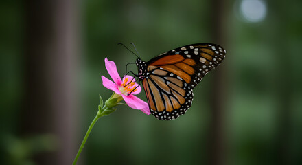 Fototapeta premium A vibrant monarch butterfly delicately perches on a bright pink flower in nature's beauty.