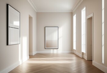 Obraz premium subdued hallway tones with framed art, layered light and cal