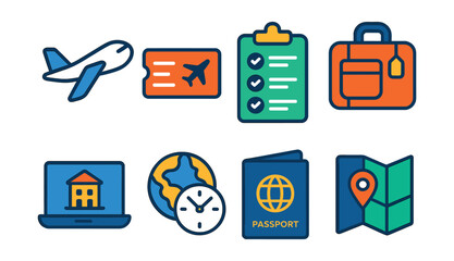 Flat vector icons of travel apps: airplane, boarding pass, travel checklist, travel bag, hotel booking, time zone icon, passport, destination map.