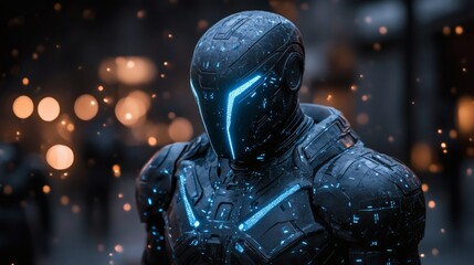 Fototapeta premium A futuristic armored character stands with glowing blue accents, in a mysterious environment