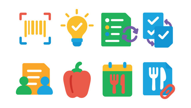 Flat vector icons of smart grocery list apps: barcode input, smart suggestion, auto group, pantry sync, shared list, grocery icon, meal plan, recipe link.