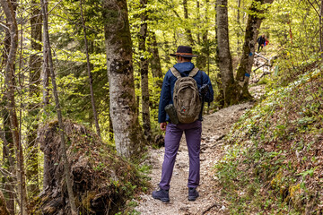 A young man in his thirties wearing a wide-brimmed hiking hat and clothes, with a backpack and a photo tripod, stands on a picturesque alpine path in spring in Austria © Vlad