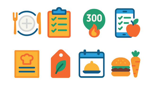 Flat vector icons of meal planner apps: meal plate, daily plan, calories count, grocery match, recipe card, nutrition tag, schedule meal, food icon.