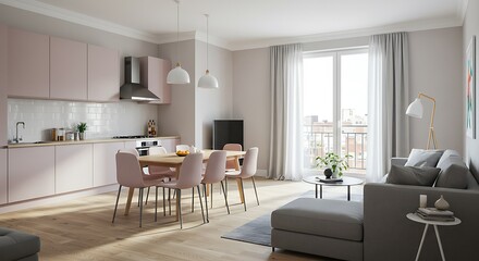 Fototapeta premium Spacious urban apartment with bright open-plan kitchen and living area, large windows, pastel accents, gray and wood finishes, clean modern design, functional furniture, and realistic balanced-light.