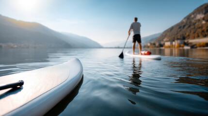 Man paddle boarding on calm lake surrounded by mountains on a sunny day.