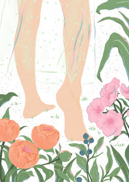 beautiful tender blossoming of fresh orange peonies and pink musk mallow wildflowers a girl walking barefoot in nature during the spring summer season transparent background png wellbeing grounding