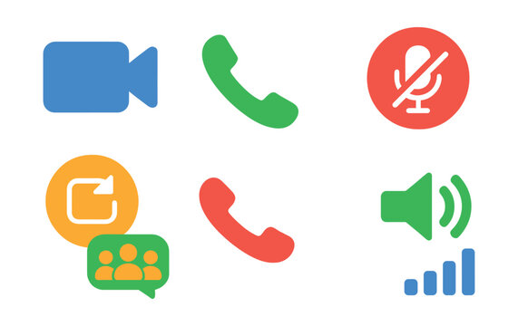Flat vector icons of video calling apps: camera icon, call button, mute mic, switch camera, group call, end call, speaker toggle, network signal.