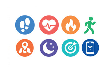 Flat vector icons of fitness tracker apps: step counter, heart rate, calories burned, workout log, GPS tracking, sleep data, daily goals, sync device.