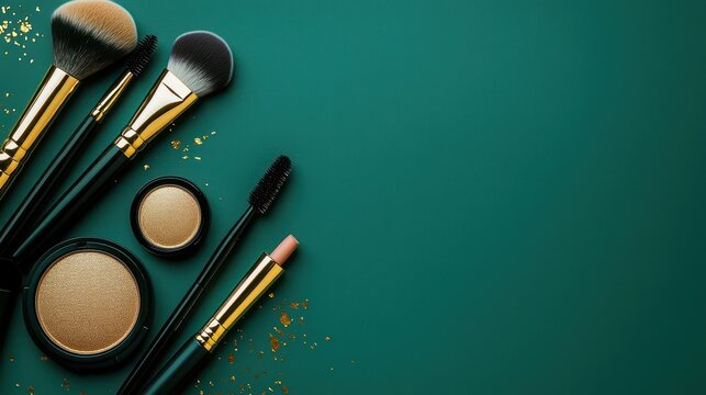 Modern makeup tools with shimmering golden accents, carefully arranged on a vibrant forest green background for a sophisticated finish.