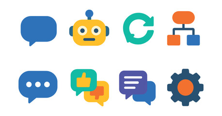 Flat vector icons of chatbot apps: message bubble, robot face, auto-reply, conversation tree, typing dots, feedback icons, chat history, settings gear.