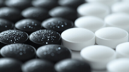 White and black pills on a neutral surface symbolize the inner conflict between truth and illusion belief and reality right and wrong with a blurred caption space inviting personal interpretation

