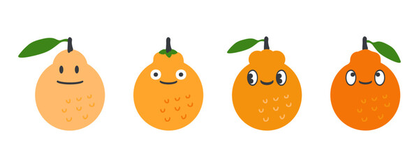 Hallabong korean citrus tangerine fruit characters vector set. Perfect for stickers, poster, label, sale, card. Hand drawn illustration isolated on a white background.