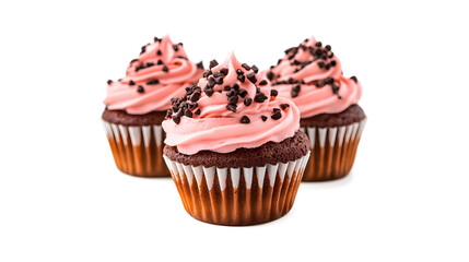 Three cupcakes with pink frosting and chocolate sprinkles
