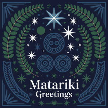 Matariki Greetings Card with Stars and Maori Patterns