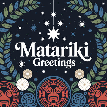 Matariki Greetings Card with Stars and Maori Patterns
