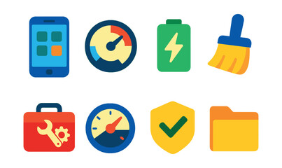 Flat vector icons of mobile utilities: app manager, storage meter, battery saver, cleaner brush, system tools, speed boost, permissions icon, file manager.