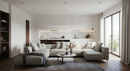 Fototapeta premium Serene and minimalist apartment with open layout, integrated kitchen and living room, white and gray palette, walnut wood accents, floor-to-ceiling windows, and tranquil natural light. Ideal for calm 