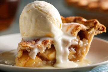 Warm apple pie slice topped with vanilla ice cream and melting sauce
