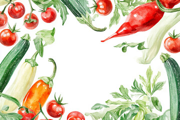 Watercolor collection of summer vegetables such as zucchini, cherry tomatoes and peppers with space for text