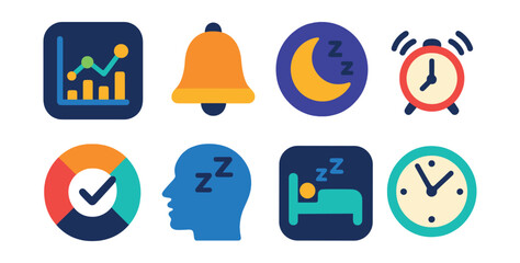 Fototapeta premium Flat vector icons of sleep tracker apps: sleep chart, bedtime bell, moon icon, alarm ring, sleep quality, snoring icon, deep sleep icon, wake-up time.