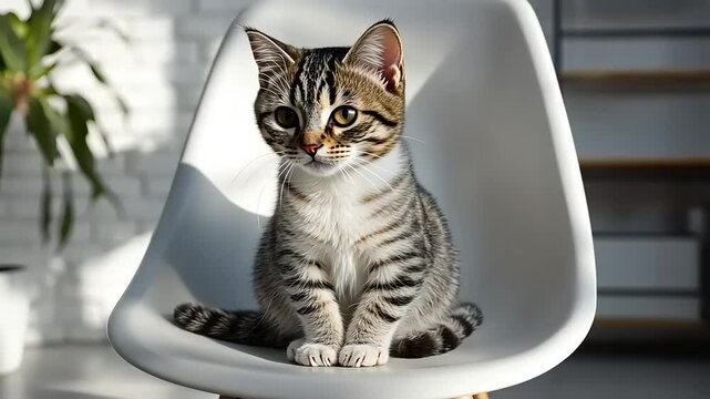 Cute Tabby Cat Sitting on Modern Chair Indoors