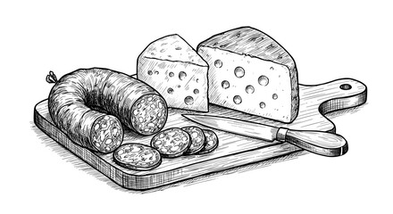 Cheese and sausage platter on a wooden cutting board  