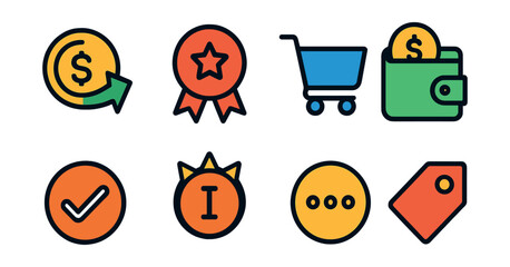 Flat vector icons of cashback rewards: coin back, reward badge, shopping cart, cashback wallet, transaction eligible, reward tier, points icon, offer tag.