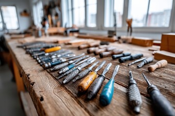 Naklejka premium Collection of woodworking tools arranged on a rustic workbench in a bright workshop during the day