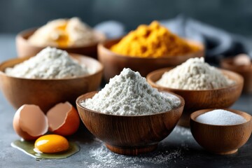 Fototapeta premium Baking ingredients arranged in wooden bowls on a kitchen counter with eggs and salt ready for preparation