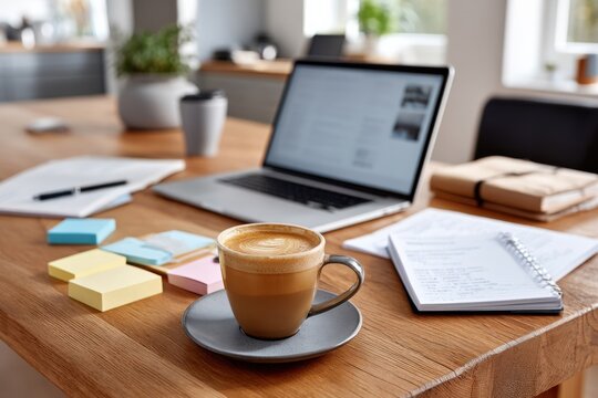 Work setup with coffee, laptop, and stationery in a bright interior setting during the daytime