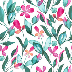 Hand-Painted Watercolor Floral Seamless Pattern - Magenta Pink and Green