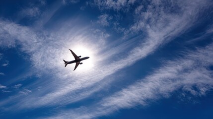 Airplane Silhouette Flying Through a Bright Blue Sky with Clouds
