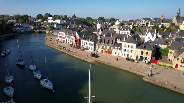 France travel, Brittany most scenic places. Picturesque old port Saint-Goustan and Auray traditional village. High angle 4k hd drone video