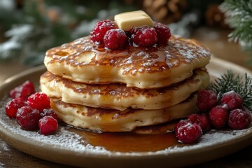 Delicious Stack of Pancakes Topped with Raspberries and Butter Drizzled with Syrup