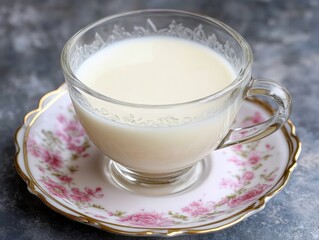 Fototapeta premium Elegant Tea Cup Displaying Fresh Creamy Milk on Floral Saucer