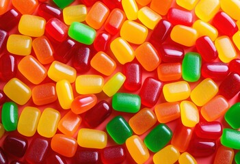 Gummy candies in bright colors, clean background, flat lay