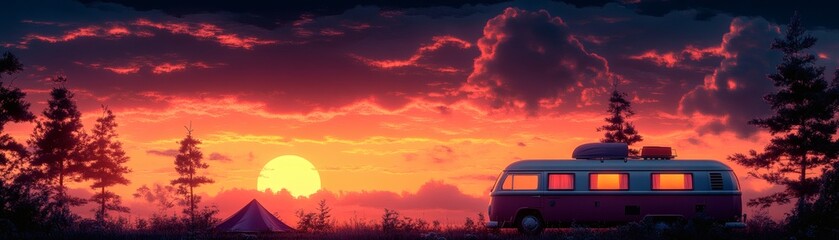Fototapeta premium A tranquil camping scene at sunset, capturing a vibrant moment of nature's beauty. A van and tent sit peacefully under a colorful sky. 