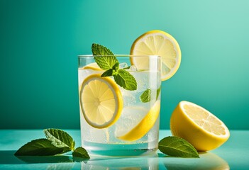 Glass of lemonade with lemon slices and mint leaves, condens