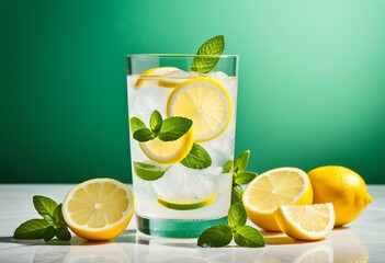 Glass of lemonade with lemon slices and mint leaves, condens
