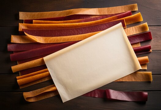 Fruit leather strips on parchment, homemade snack feel