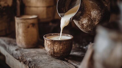 Rustic Milk Pouring from a Clay Jug into a Cup