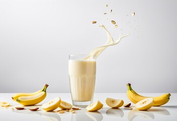 floating banana slices above swirling almond milk