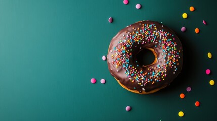 Delicious Chocolate Donut with Colorful Sprinkles on a Green Background