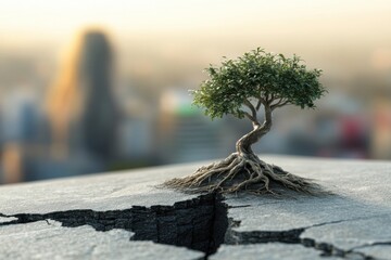 Obraz premium Tree sprouted from cracked cement